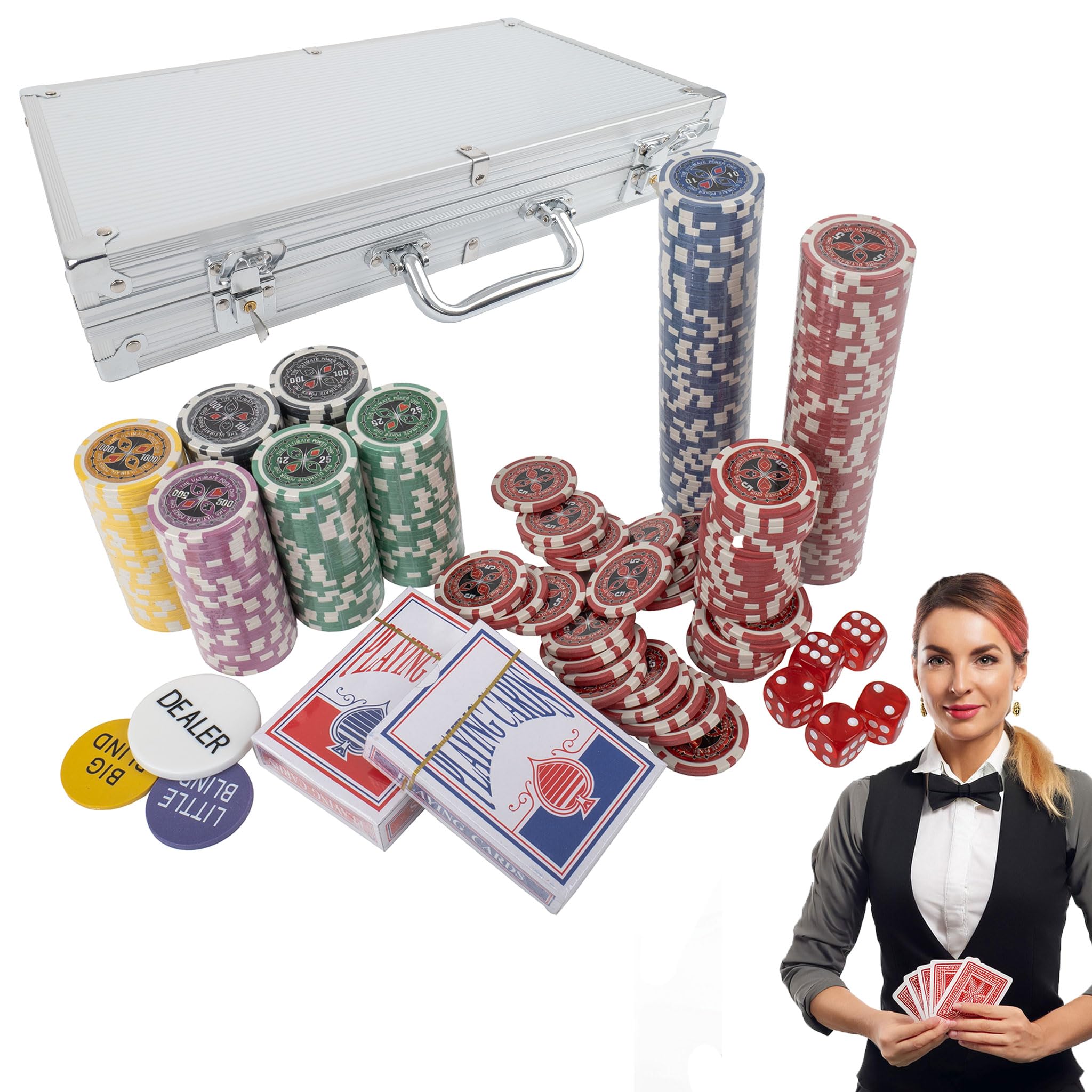 H&F Heimtextilien Juego de póquer premium – 300 fichas pesadas de alta calidad, 2 barajas de cartas, dados, botón de distribuidor, maletín de aluminio, juego de póquer profesional