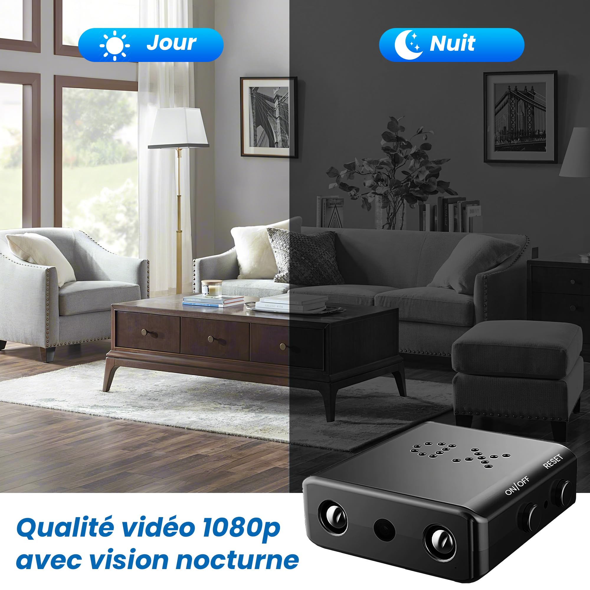 1080p Mini caméra de Surveillance intérieure/extérieure, avec détection de Mouvement et Vision Nocturne, Batterie intégrée (autonomie de 50 Minutes), Enregistrement continu, Facile à Utiliser