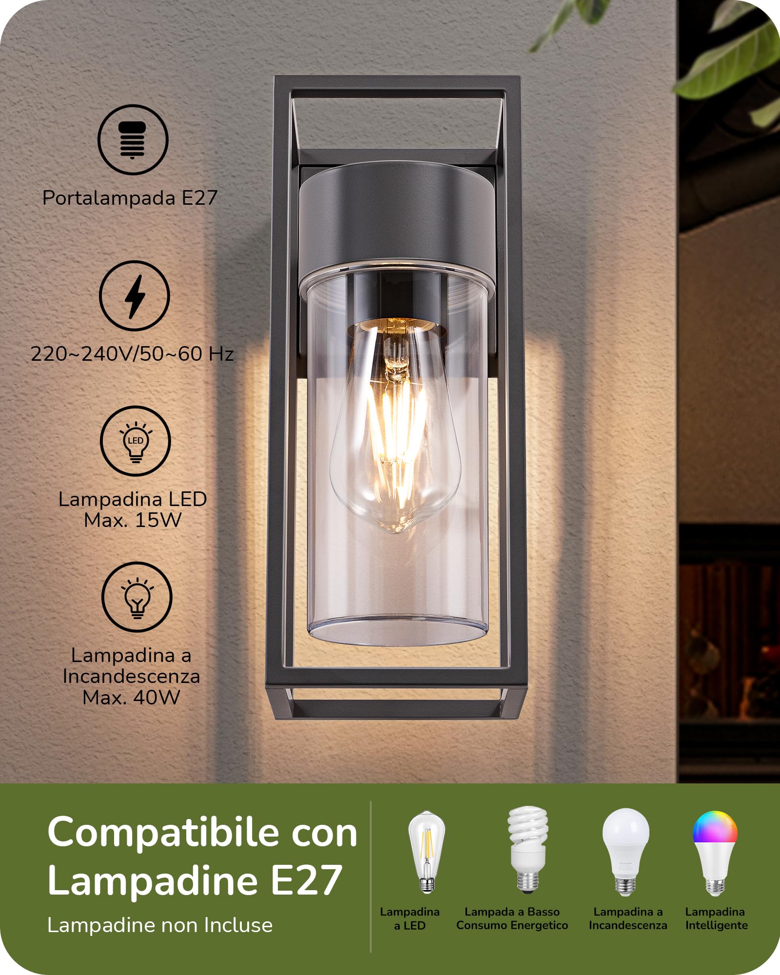 EDISHINE Lampada da parete per interni ed esterni, lampada da parete, illuminazione da parete per casa, terrazza, balcone, moderna, senza lampadine, impermeabile IP44, Antracite