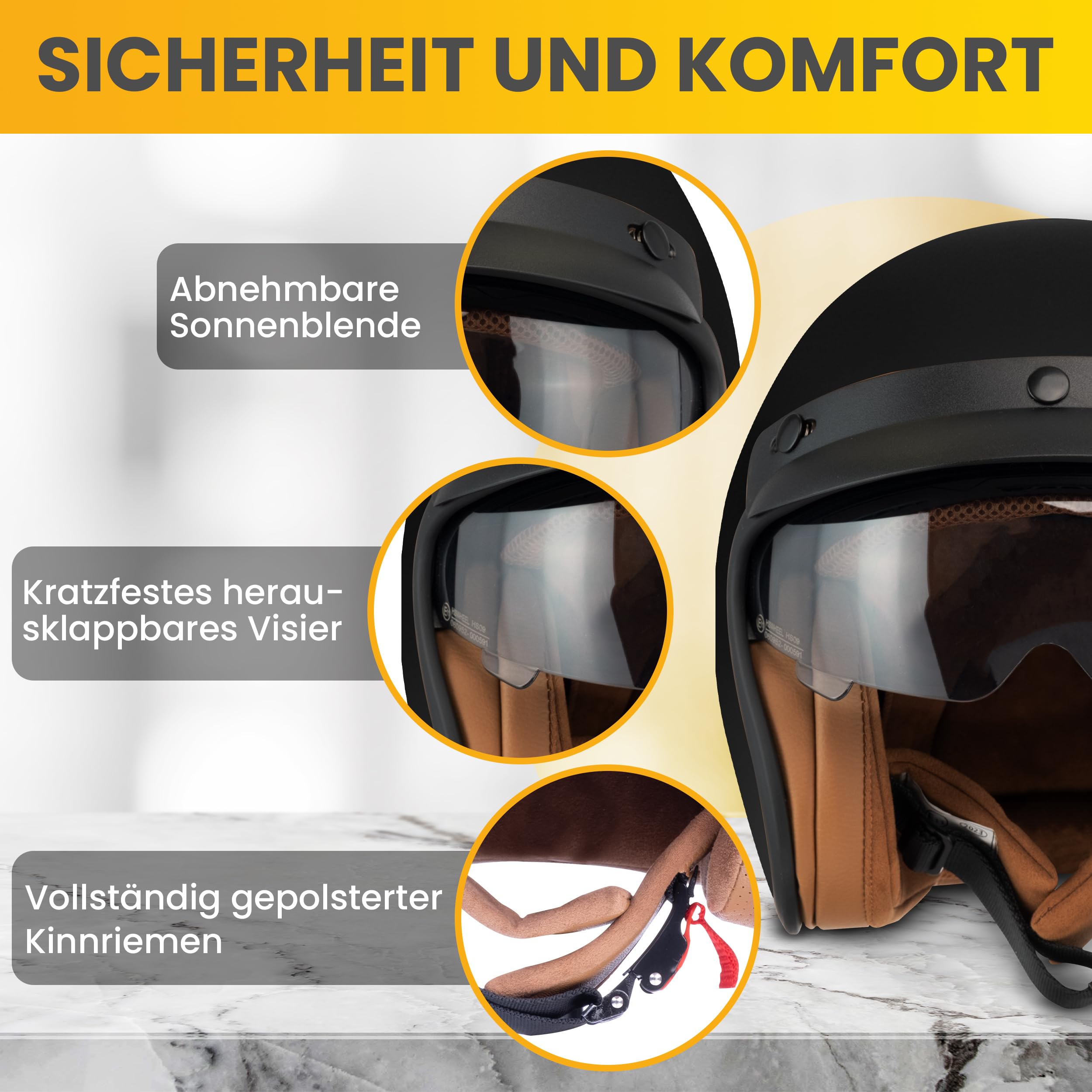 Jethelm mit Visier by BS Way: Hochwertiger Motorradhelm, ECE-Zertifiziert für Herren und Damen - Ideal für Roller, Moped, Mofa und Scooter - Retro Helm Design, Halbschalenhelm Matt Schwarz