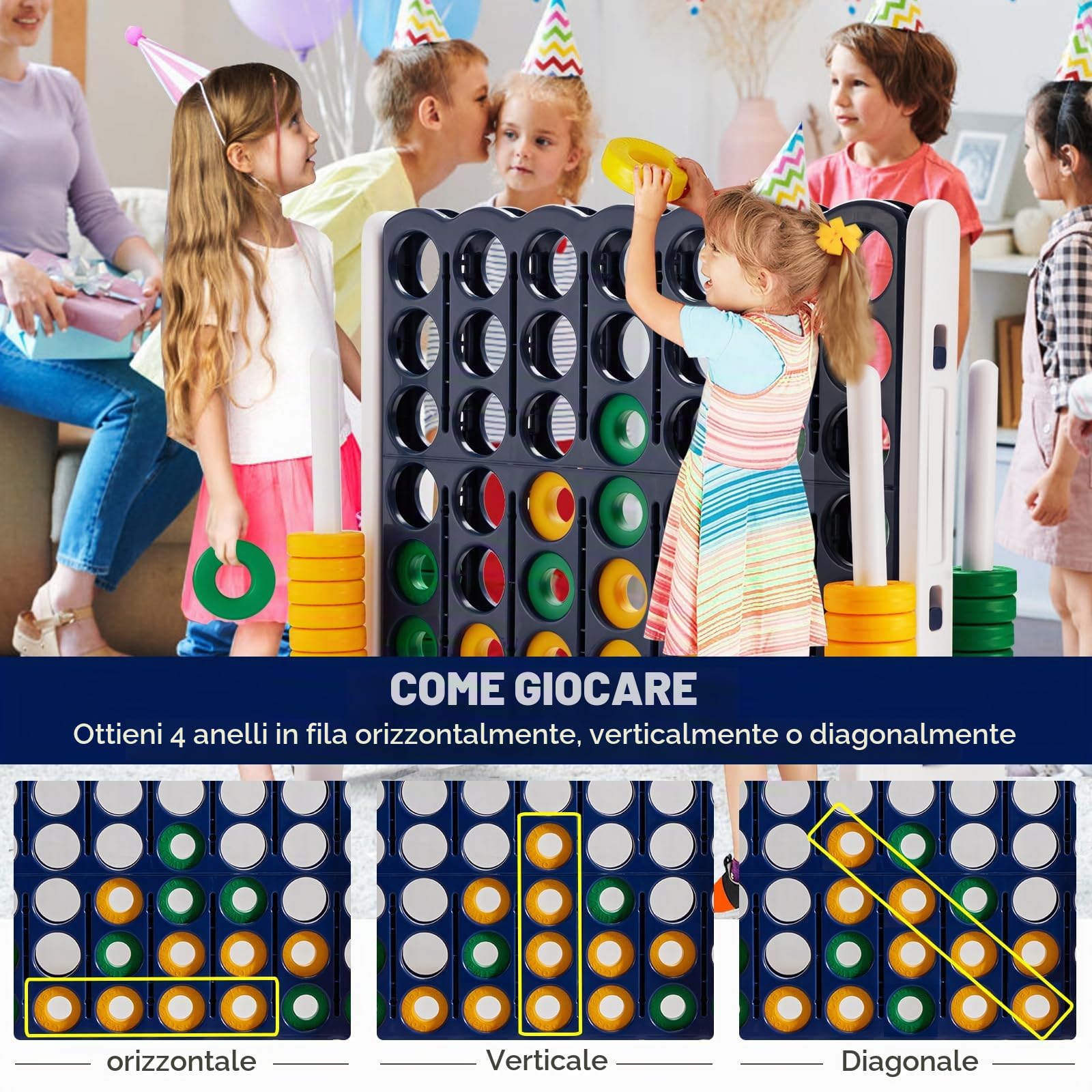 HOMASIS Gioco del 4 in Fila Grande, Forza 4 Gigante con 42 Anelli e Scorrimenti, Gioco di Strategia da Tavolo XXL, Giocattolo per Bambini e Adulti all'Aperto per Feste, Compleanno (Grigio)