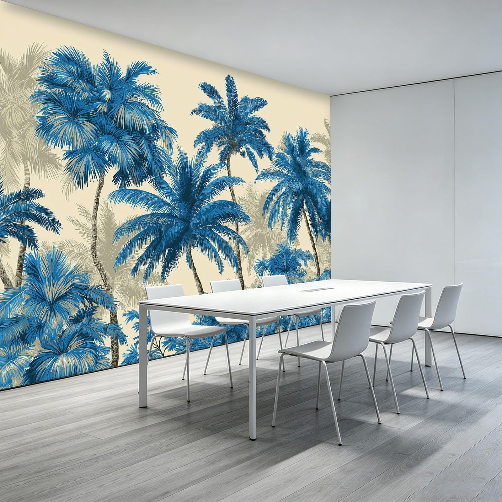 Générique Tapeta 3D panoramiczny obraz ścienny 350 x 256 cm minimalistyczny natura rośliny palmowe tapeta gobelin panoramiczny plakat salon dekoracja ścienna pokój dziecięcy, niebieski