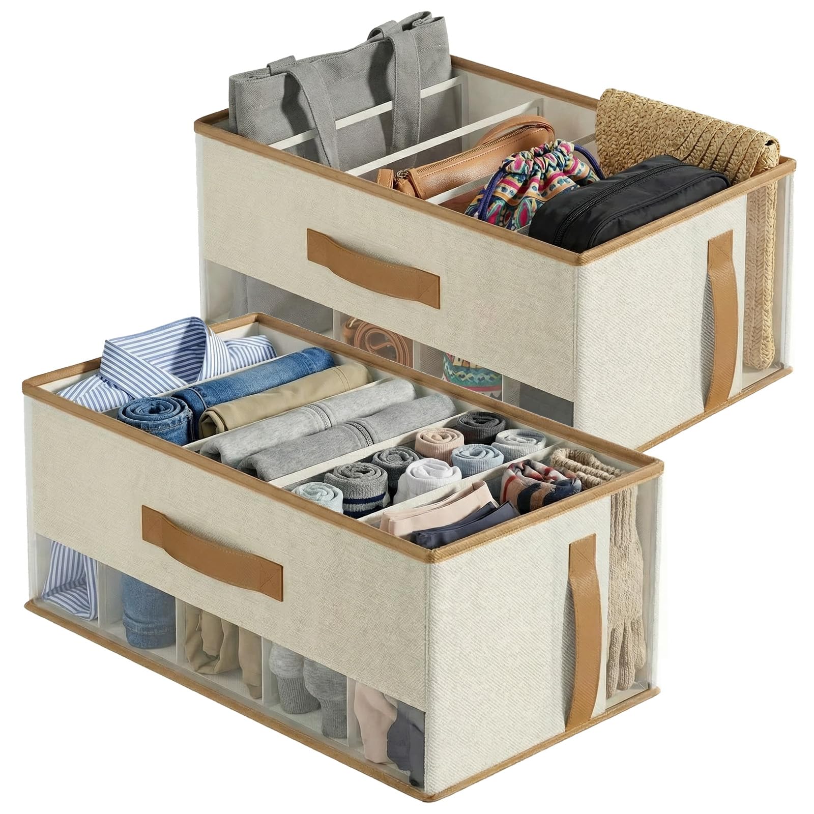 JTOOYS Wardrobe Storage Organiser Foldable - Purse Organizers Closet and Foldable Closet Organizers with Dividers Linen Fabric Storage Stackable Boxes Bin for Bag,Pant, Sweater, T-shirt, Scarf, Beige โ image 1