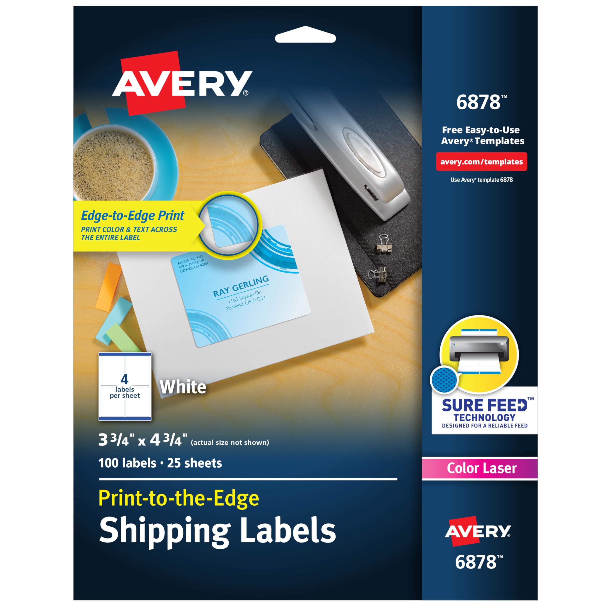 Printable Shipping Labels with Sure Feed, 3.75" x 4.75", White, 100 Blank Mailing Labels (6878)