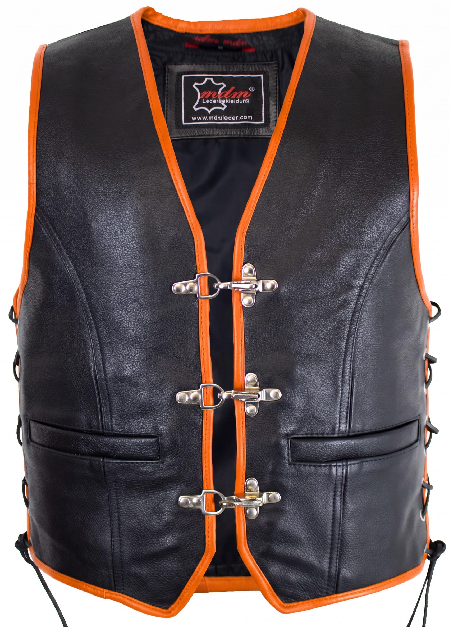 MDM Gilet Giacca Uomo in Pelle nero con i supplementi d'arancio (XL)