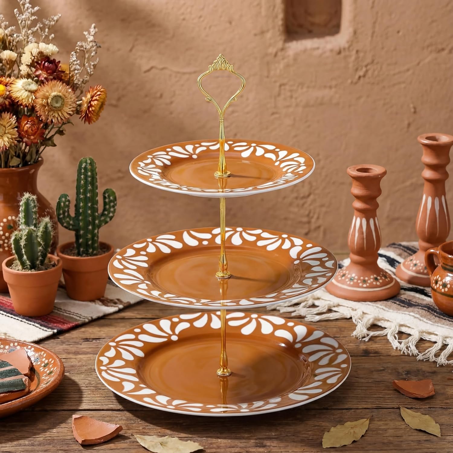 Lallisa Cielito Lindo 3 Tier Dessert Stand 10", 9", 7" Ceramic Soporte De Cupcakes De Tres Pisos para México Tea Party Display Tower for Mexican Baby Shower Birthday Decorations(Terracotta Color)
