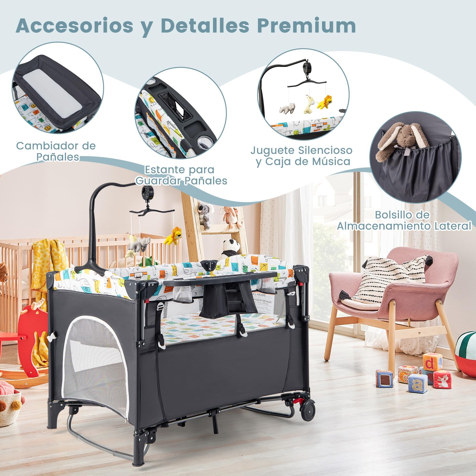 GOPLUS Cuna de Viaje Bebe 5 en 1 con Cambiador, Colchón, Juguetes Colgantes, Caja de Música, Altura Ajustable, Ruedas, Centro de Actividad, Cama Plegable para Bebé 0-3 Años, Carga 15 kg (Gris)