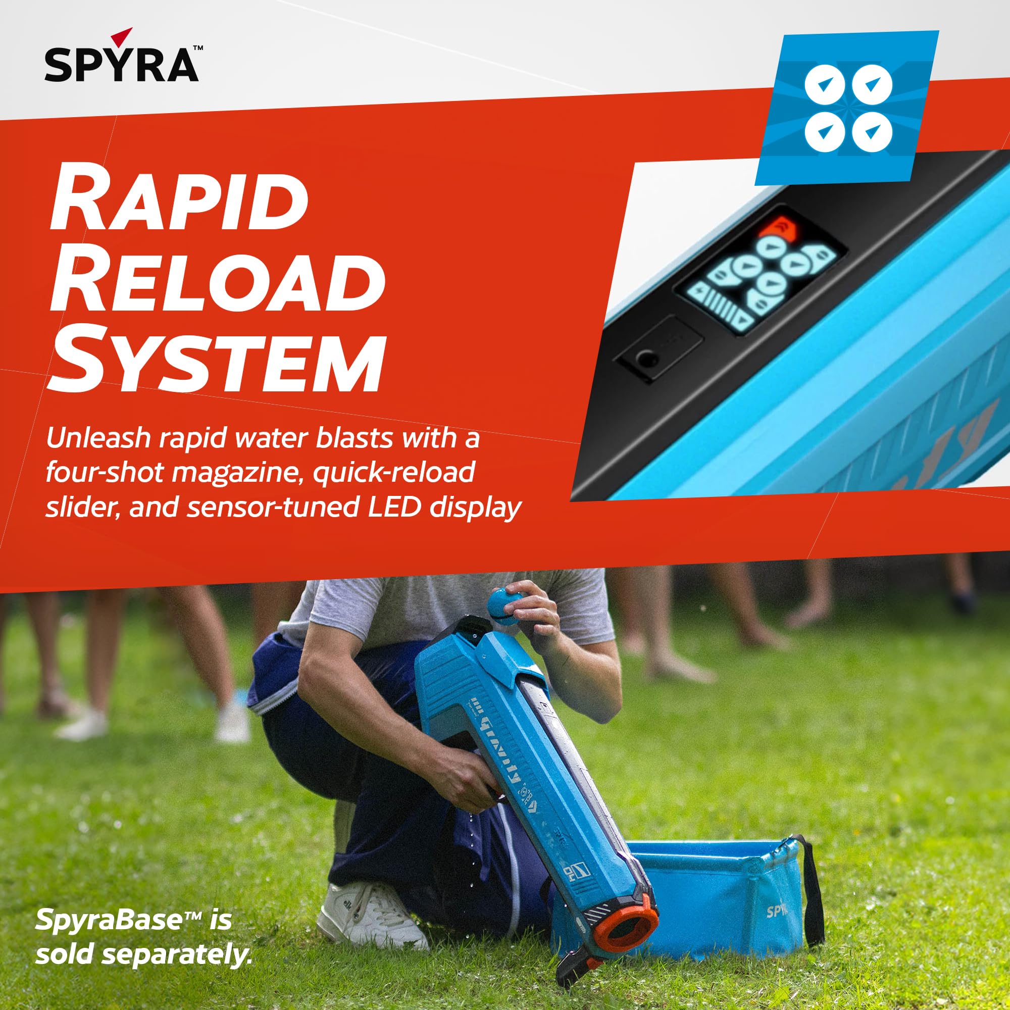 SpyraGravity Elektrischer Wasserbombenwerfer 16m Reichweite LED Anzeige 4 Wasserbomben
