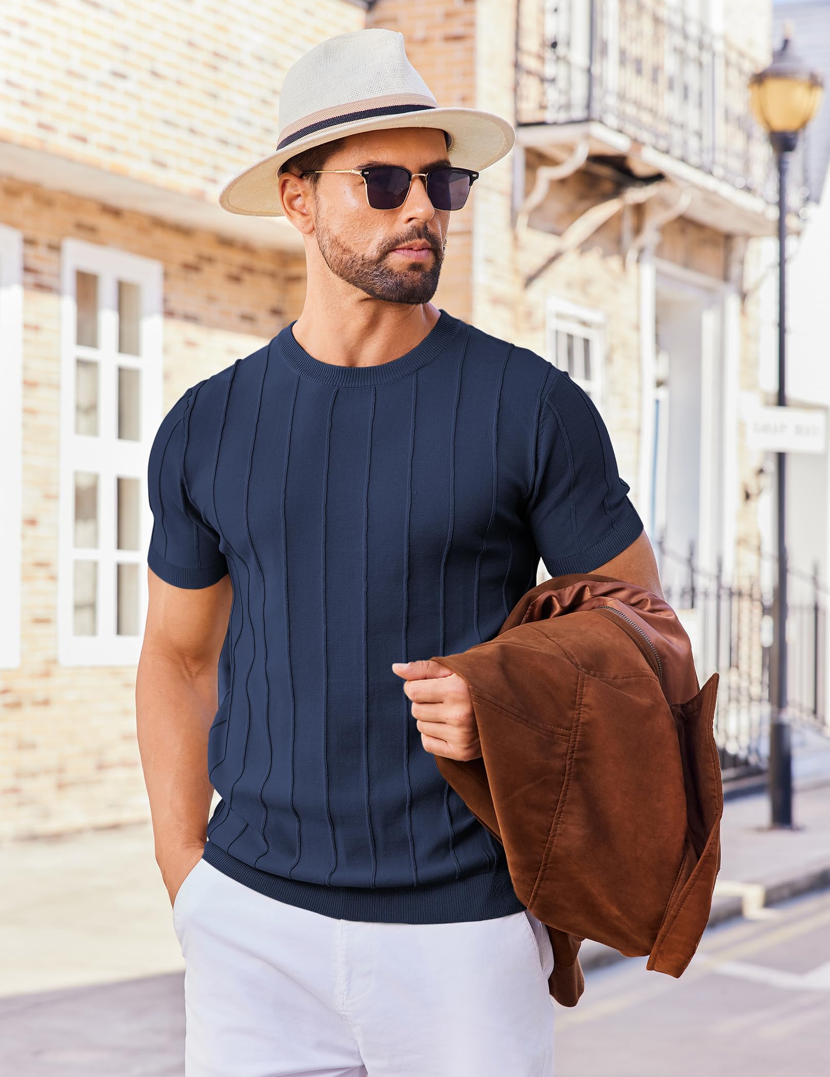 COOFANDY Maglietta Uomo Manica Corta T-Shirt Estive Leggero Magliette Lavorata a Maglia a Righe Magliette da Lavoro T Shirt Casual a Tinta Unita