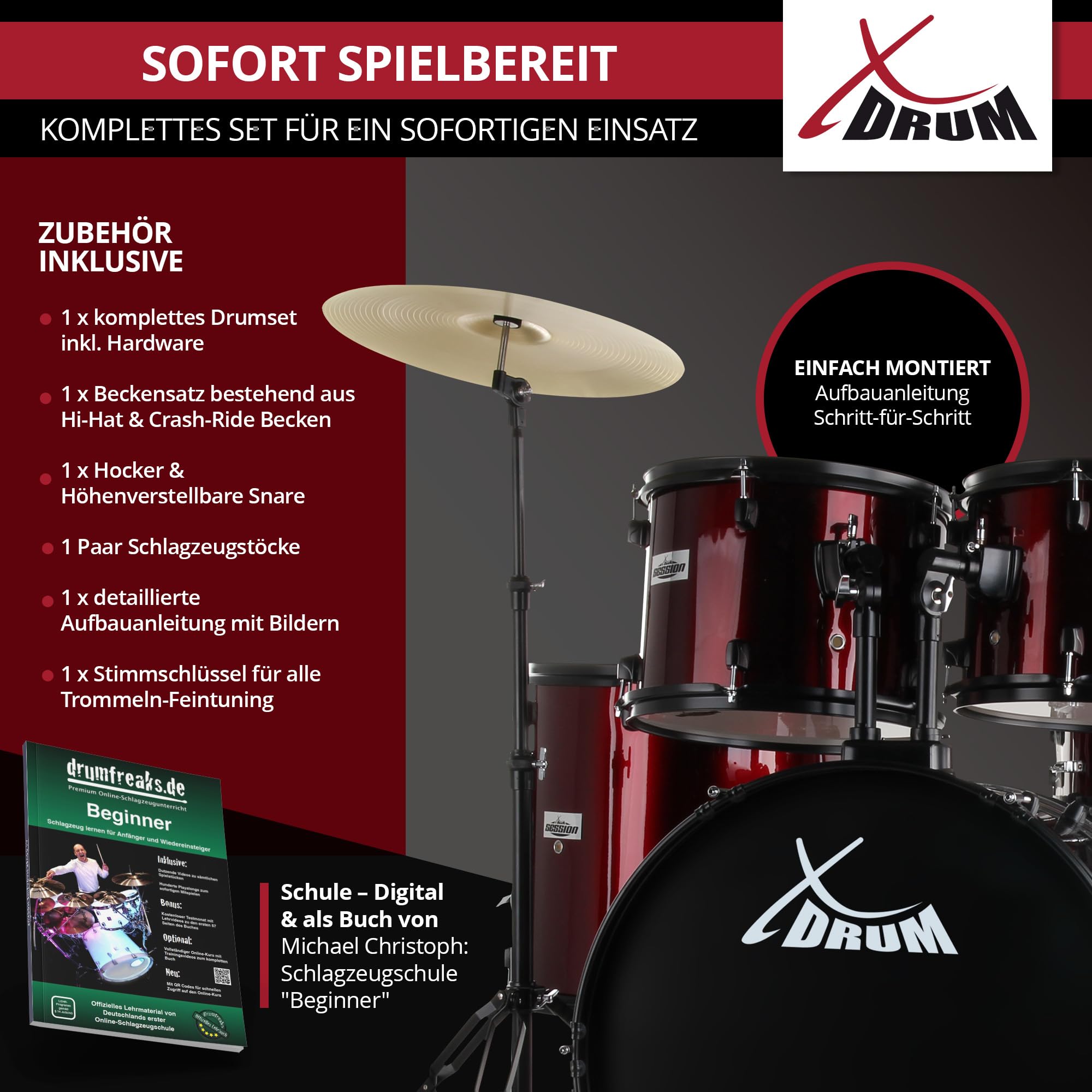 XDrum Rookie 22'' Fusion Batterie Ruby Red plus Set de Sourdines