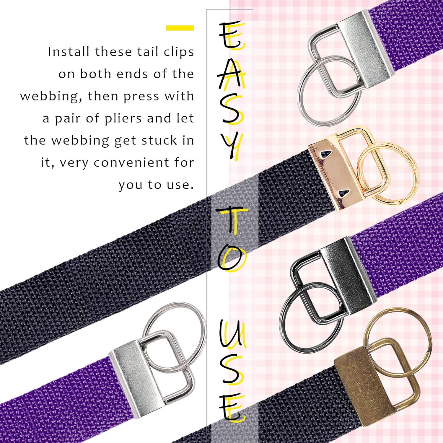 Swpeet 44Pcs 1" 4 Colors Key Fob with Rings, Perfect for Bag Wristlets with Fabric/Ribbon/Webbing/Embossed Hand Craft - Bronze/Gold/Silver/Gun-Black