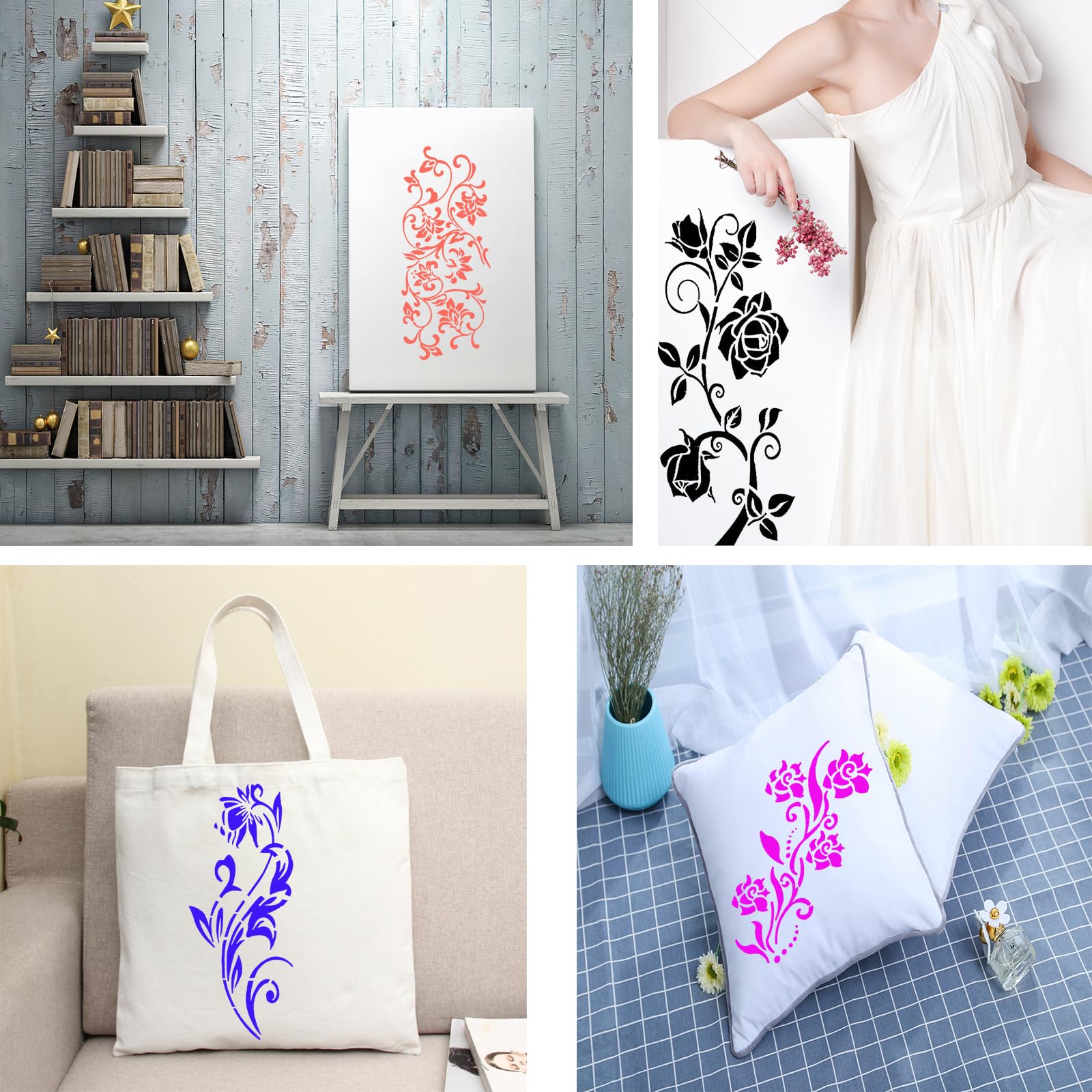 Qpout 12 Pièces Pochoirs D'angle De Fleur, Pochoirs De Bordure De Conception De Totem Tribal De Fleur Pour Peinture Sur Mur Meubles En Bois Panneau De