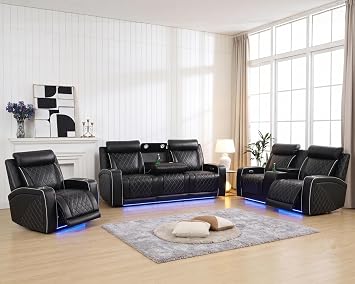 3 Piece Power Recliner Sofa Set with LED & USB Port, Breathing Leather Reclining Sofa Loveseat Chair Set, Home Theater Seating Couches with Reading Light/Cup Holders/Storage Console Black