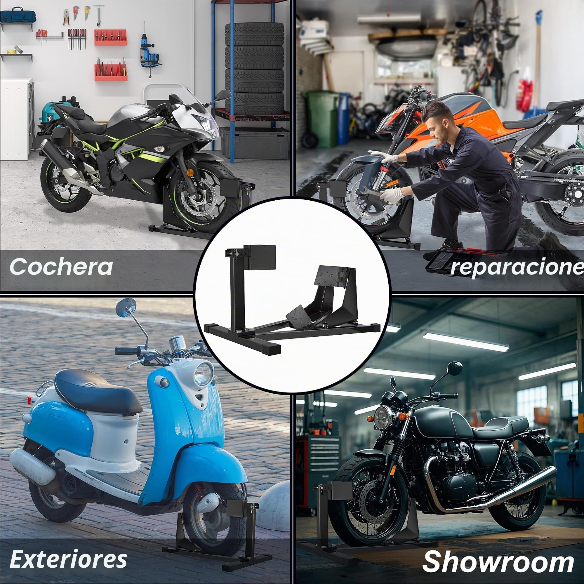 UISEBRT Soporte de acero para rueda delantera de motocicleta – Soporte de montaje para neumáticos de 17"- 21" tamaño y 90-130 mm de ancho - con pies de goma antideslizantes, dimensiones: 620 x 460 x