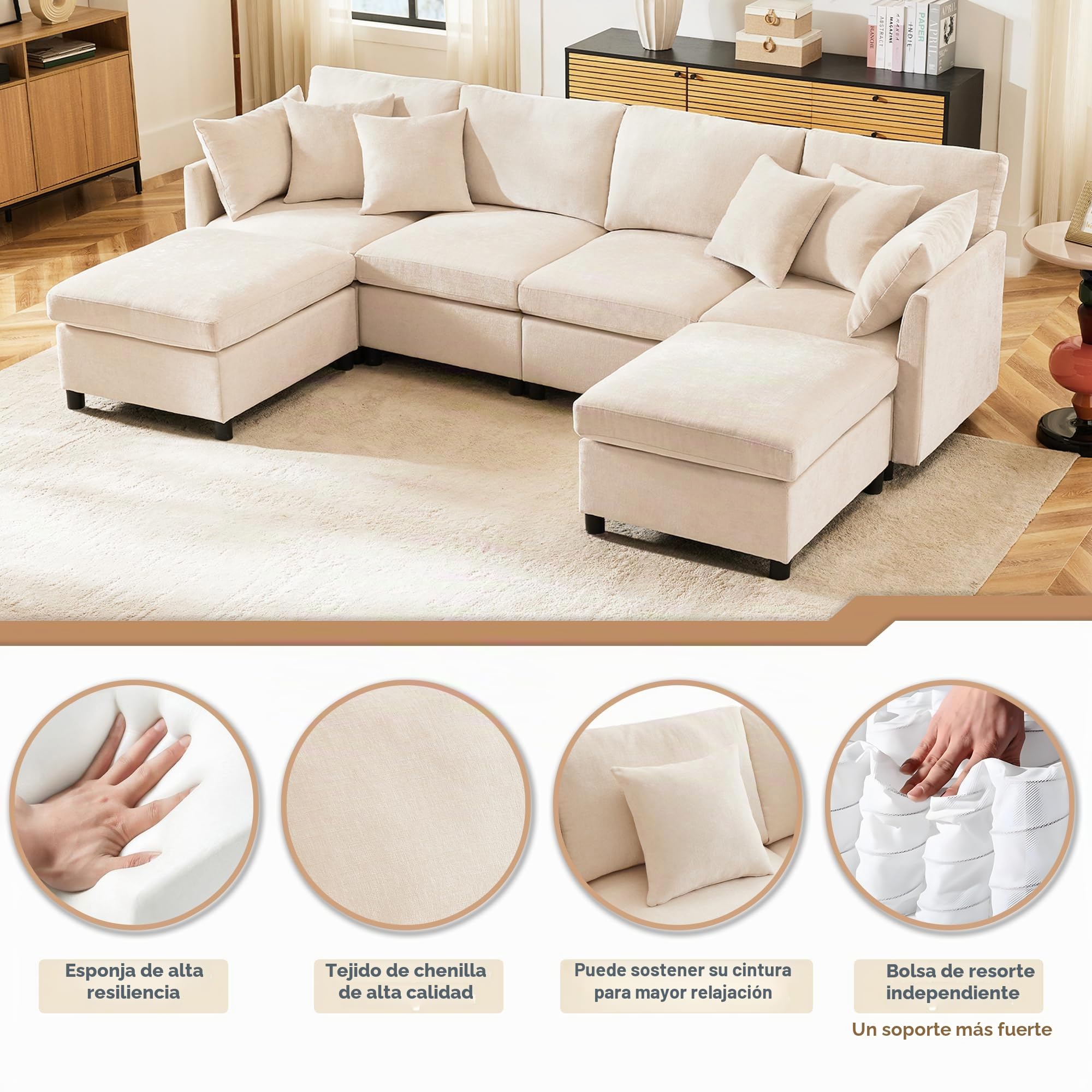 Sapgaks - Sofá de 4 plazas moderno de tela de chenilla con reposapiés extraíble, sofá esquinero en L/U, sofá modulable, adecuado para casa, salón, apartamento (E-Beige)