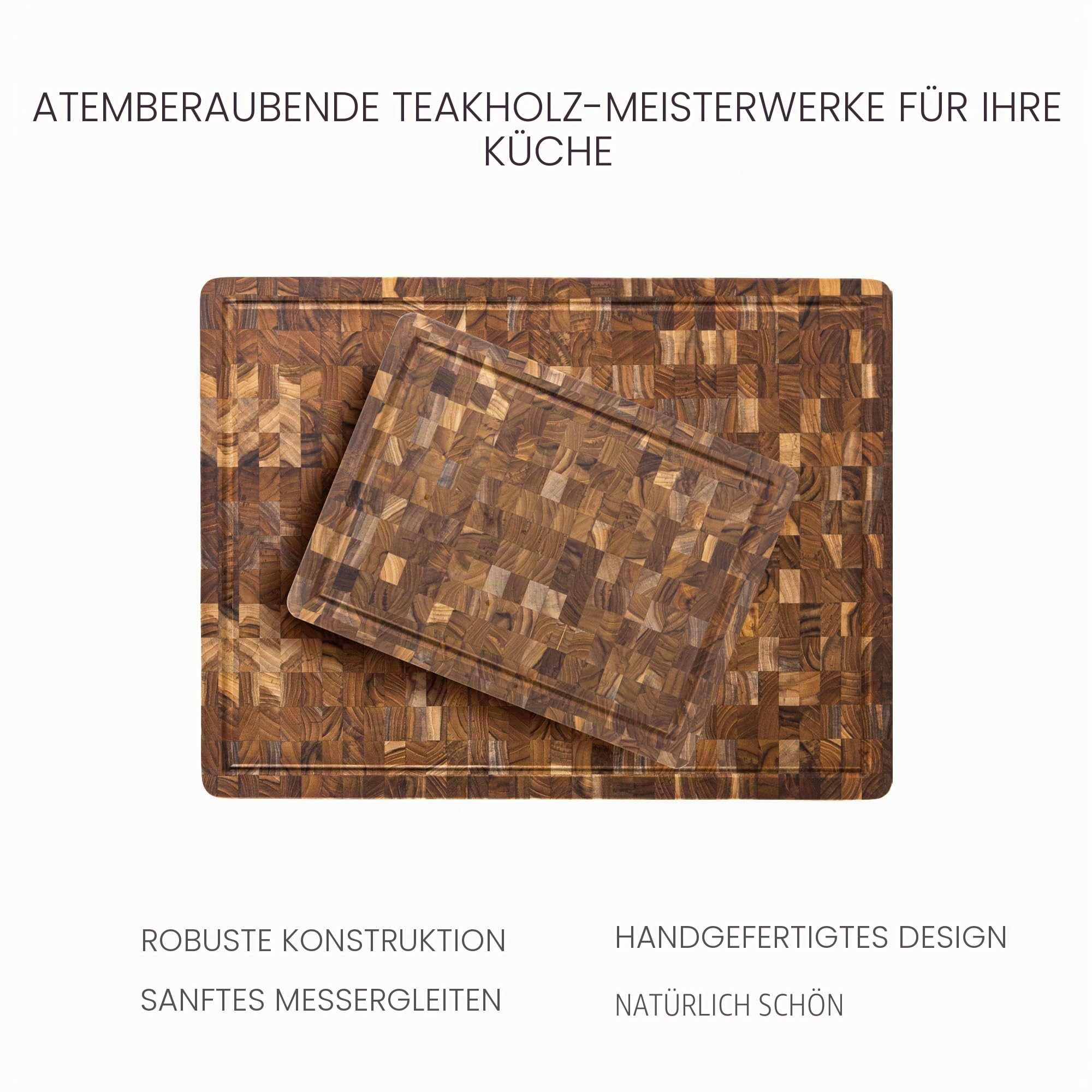 Teakhaus Butcher Block Schneidebrett Holz mit Saftrille extra dick | 52 x 36 x 6,4cm | FSC zertifiziertes, robustes Stirnholz Schneidebrett | Dickes Teak-Holzbrett Küche für glatte saubere Schnitte