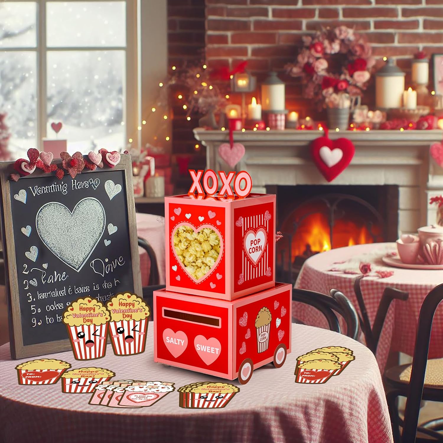 Valentines Day Popcorn Paper Mailbox Crafts Kit for Kids, DIY Valentine's Mail Box Craft with 50 Exchange Cards Valentine Gift Party Favors Supplies (Assembly Needed)