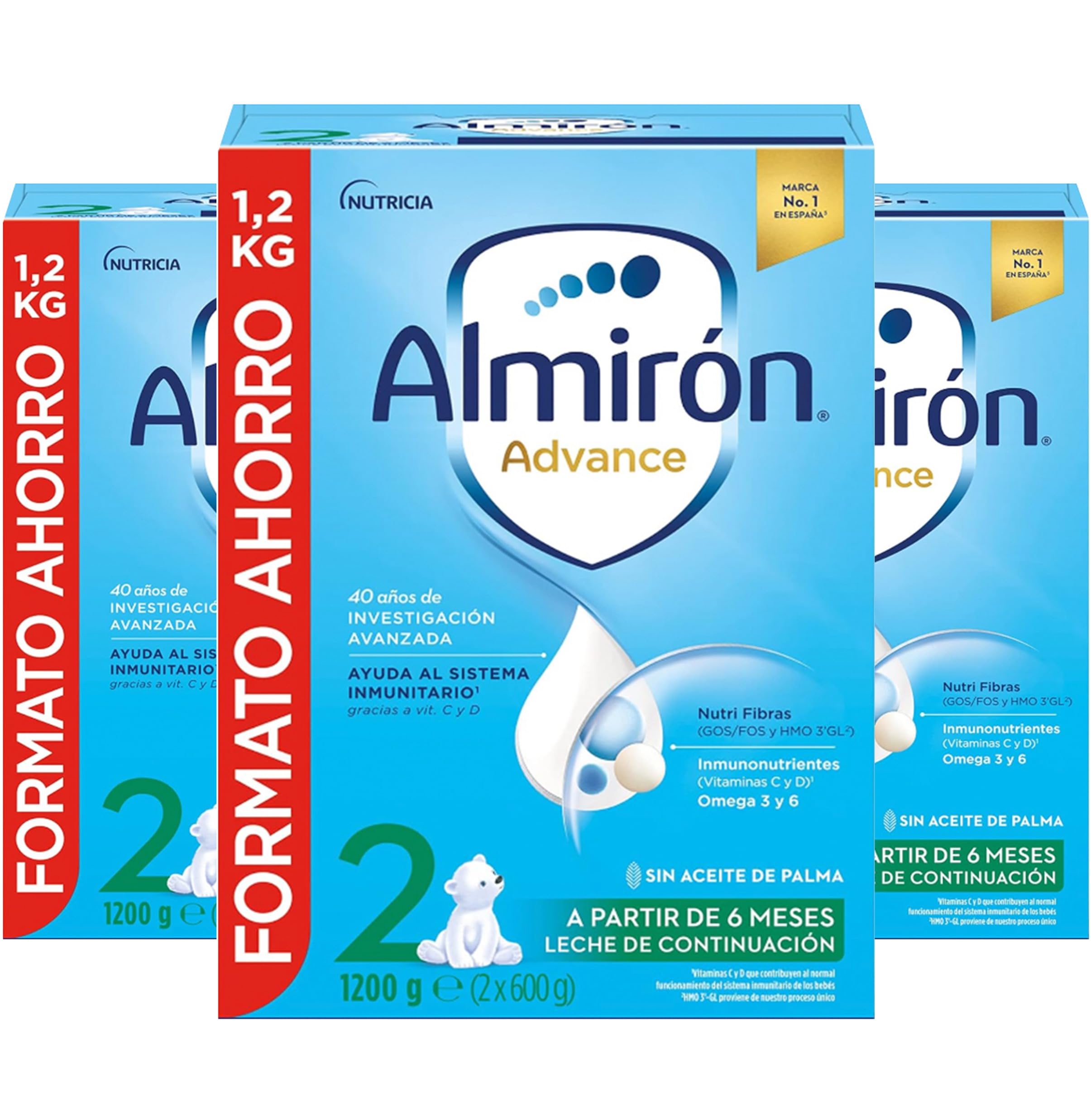 Almirón Advance 2, Leche en Polvo de Continuación para Bebé, Fórmula Patentada, Leche Almirón 2 con Vitaminas C y D, Ayuda al Sistema Inmunitario, Leche Bebé Desde 6 Meses, 3.6kg, Paquete de 3 x 1200g