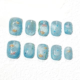Sun&Beam Nails 246 S - Juego de 10 uñas postizas hechas a mano, diseño minimalista de dibujos animados, color azul, con almohadillas adhesivas, color azul