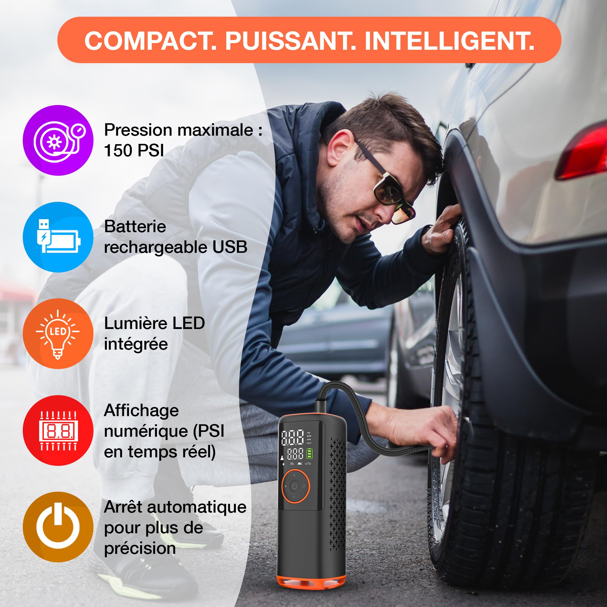 Compresseur d'air Portable 150 PSI gonfleur de pneus de Voiture gonfleur électrique sans Fil pour Voiture vélo Matelas et Balle Mini compresseur avec écran LED Rechargeable par USB