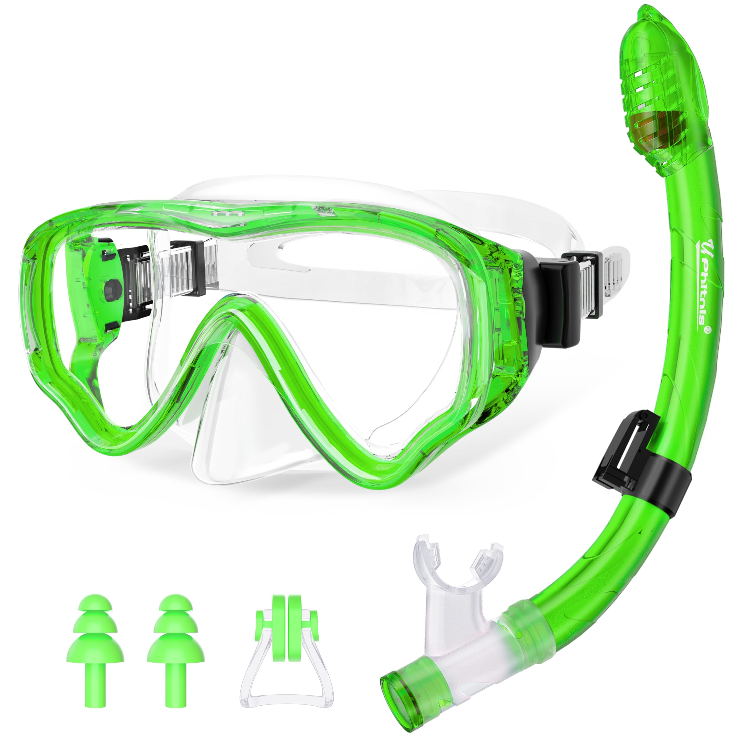 UPhitnis Gafas Snorkel Niño de 4 a 12 Años - Antiniebla Sin Fugas Mascara Buceo y Tubo para Niña y Niños - Mascara Snorkel de Ajustable con Clip de Nariz Enchufe de Oído