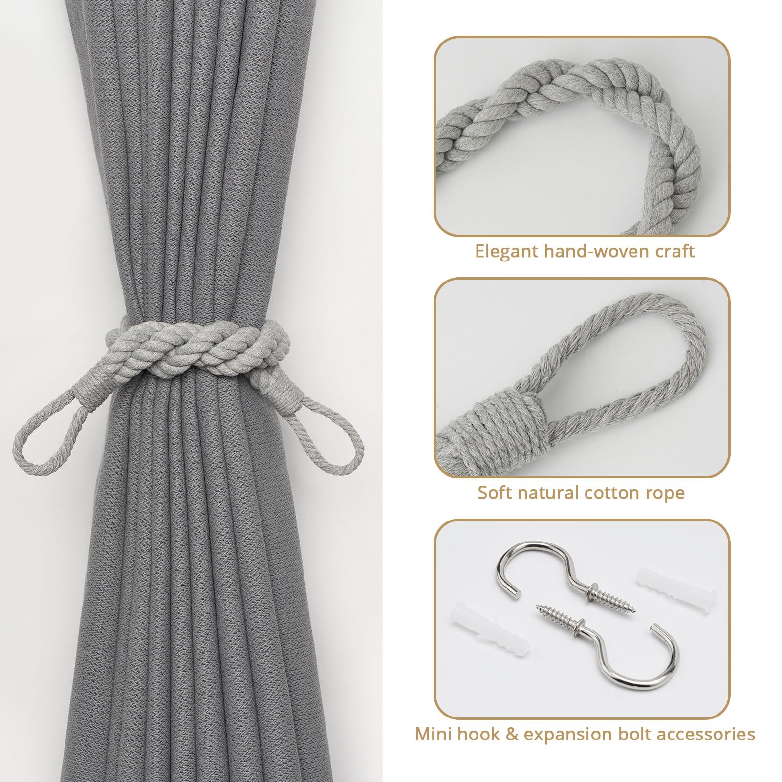 Pretty Jolly 2 Pack Natural Cotton Rope Curtain Tiebacks Elegant Boho Style Decor Drape Tie Backs Soft Hand-Woven Double Rope Curtain Holdbacks with Metal Hook for Home & Office Drapery (Light Grey) - Image 2