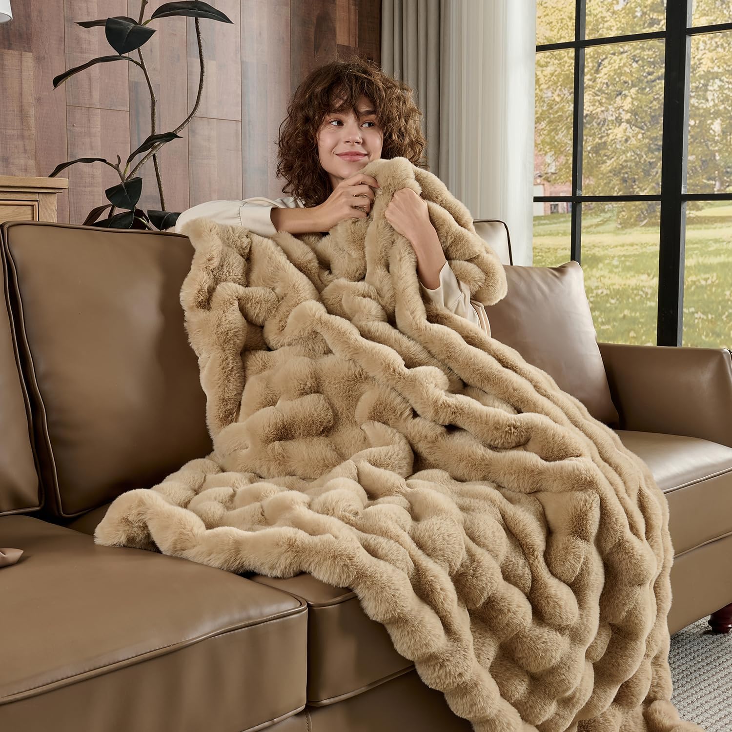 Lotus Karen Faux Fur Blanket - Big Bubble Rabbit Fluff Twin Size, 60x80 Inches - Image 3