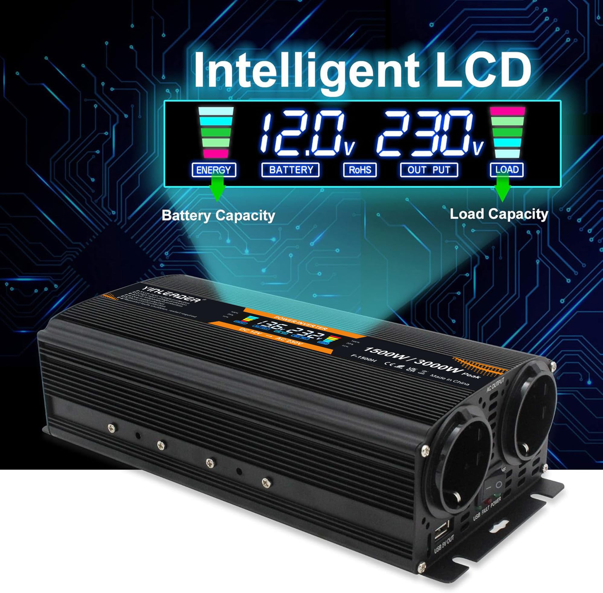 Yinleader konwerter napięcia 12 v 220v 1500W /3000W z ekranem LCD USB