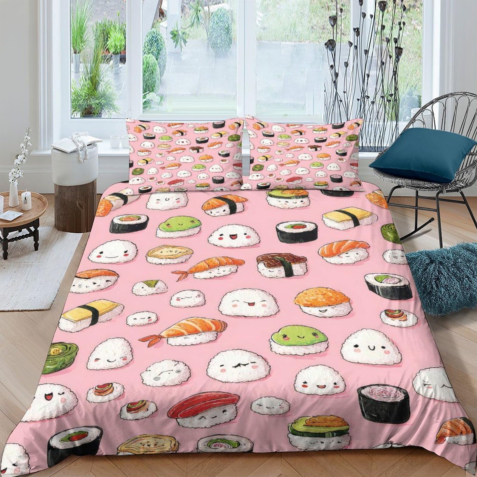 Ctjqhvkz Style-3 3D Printed Kawaii Sushi Fitted Sheet Microfiber Soft Pink Japanese Food Bed Cover For Bedroom Dorm Mattress Decor Single（135X200cm）