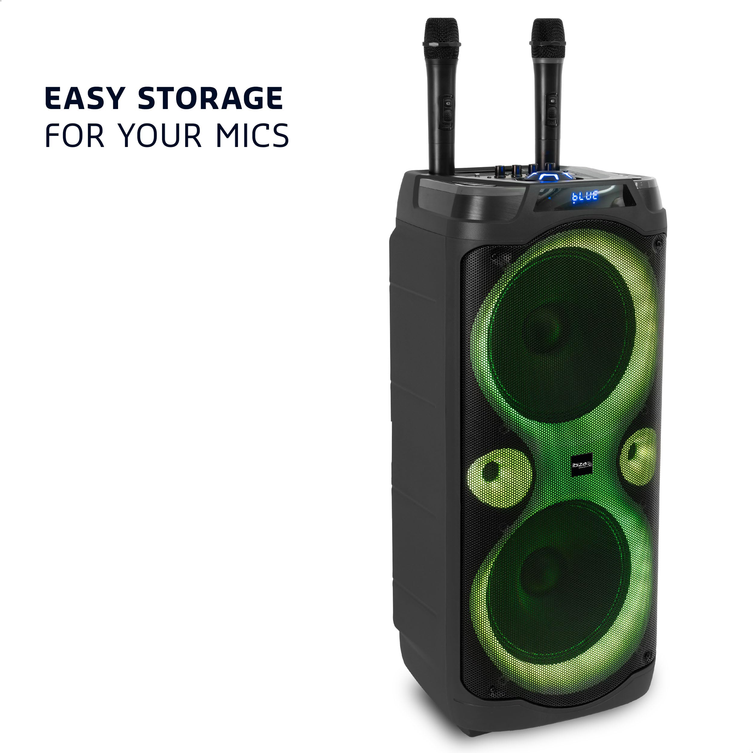 Ibiza - Columba-Karaoke - Enceinte Bluetooth Karaoke avec 2 Micros sans Fil - Changeur de Voix, lumières LED, Talkover et Fonction Rec - Soirées Karaoké