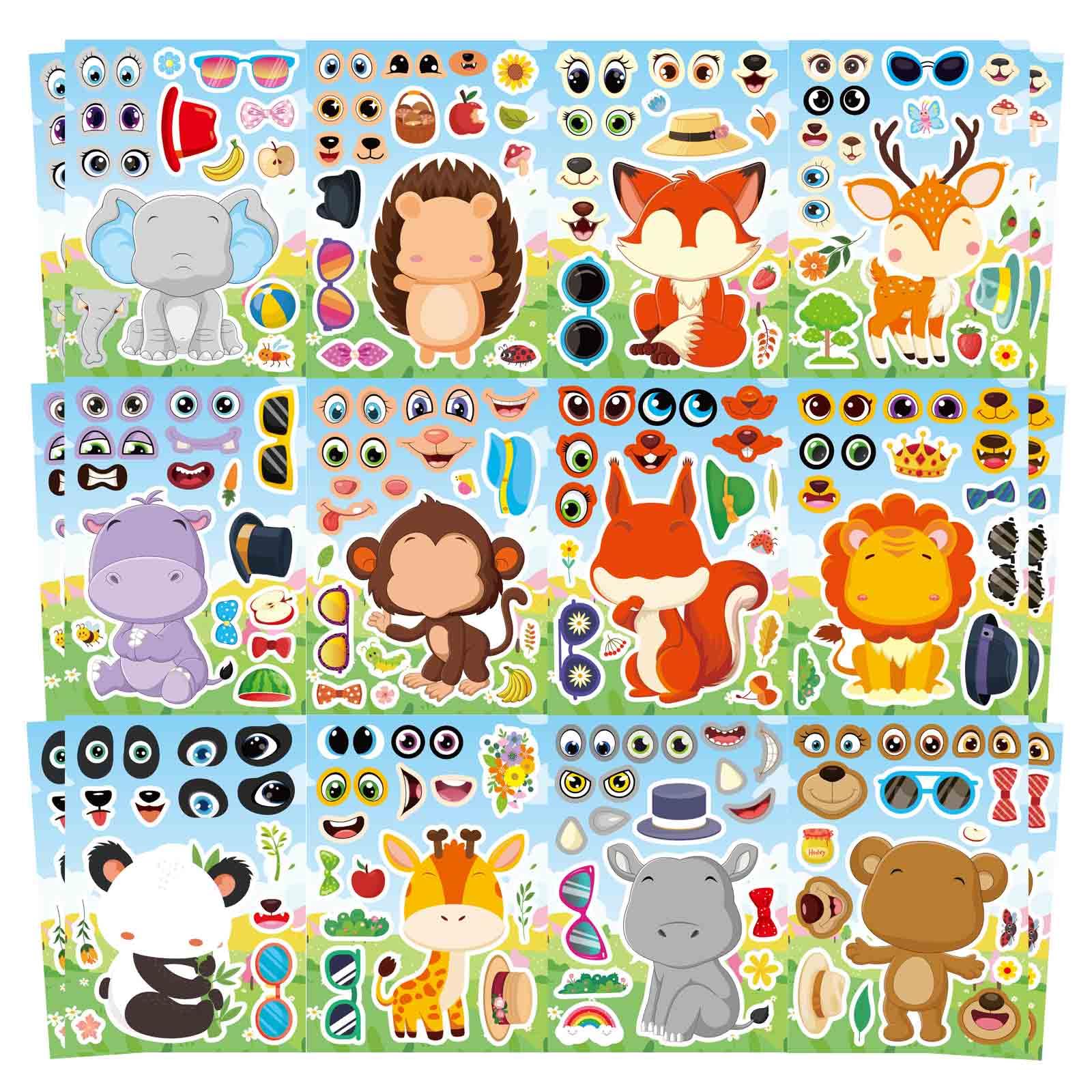 24 Sheets Make a Face Stickers, Animal Stickers for Kids Make Your Own Mix and Match Sticker Sheets with 12 Wild Animals Designs, Fox Elephant
