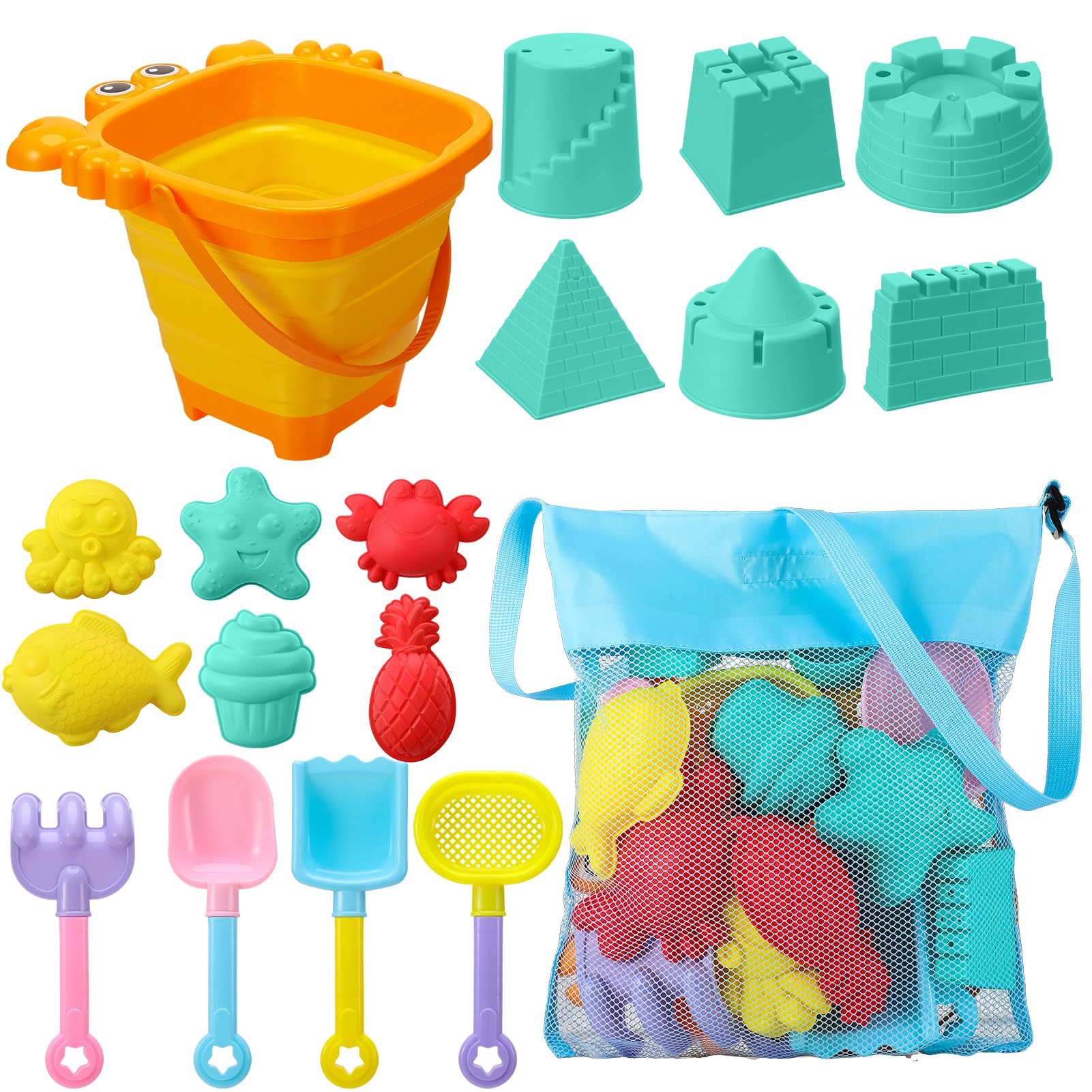 18 Pcs Collapsible Bucket and Spade Beach Set Beach Toys Kids Sand Pit Toys With Mesh Bag For Kids Sand Summer Party