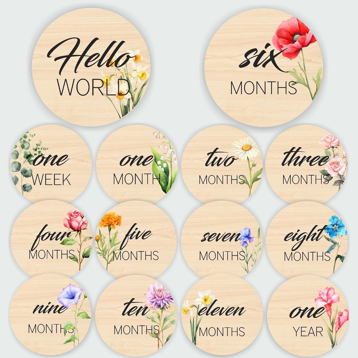 Hello World Newborn Sign – Baby Milestone Signs & Newborn Photography Props – 7 Double Sided Wooden Circles with Colorful Flower Design for Baby Photoshoots