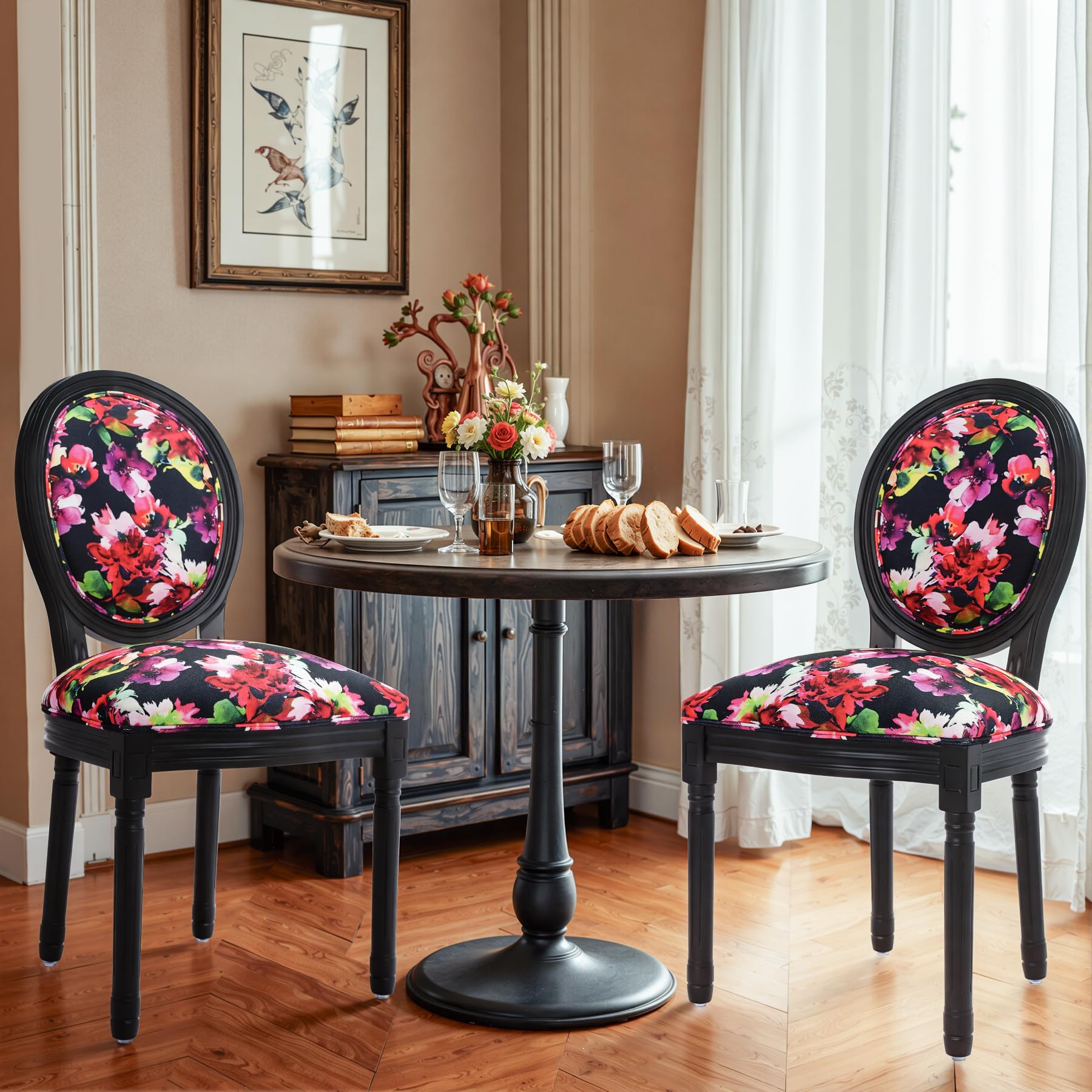 HomeMiYN French Dining Chairs Set of 2 Linen Upholstered Wooden Legs Floral