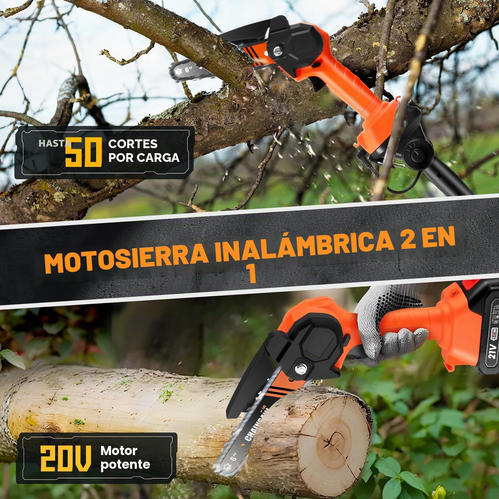 Motosierra Eléctrica Telescópica hasta 2,3m, Podadora de Pértiga con Batería, Mini Motosierra Batería 4000 mAh, 6 Pulgadas Sierra Eléctrica Telescópica para Poda, Cabeza del Motor Orientable a 180°