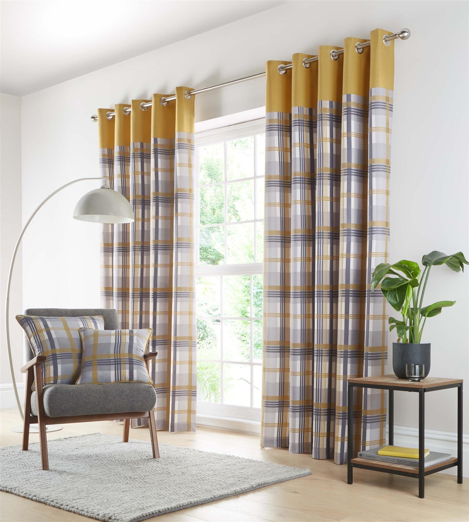 Portfolio Home Ochre Orleans Tartan Check Modern 66X72 Curtains Eyelet Ring Top Curtain Pair