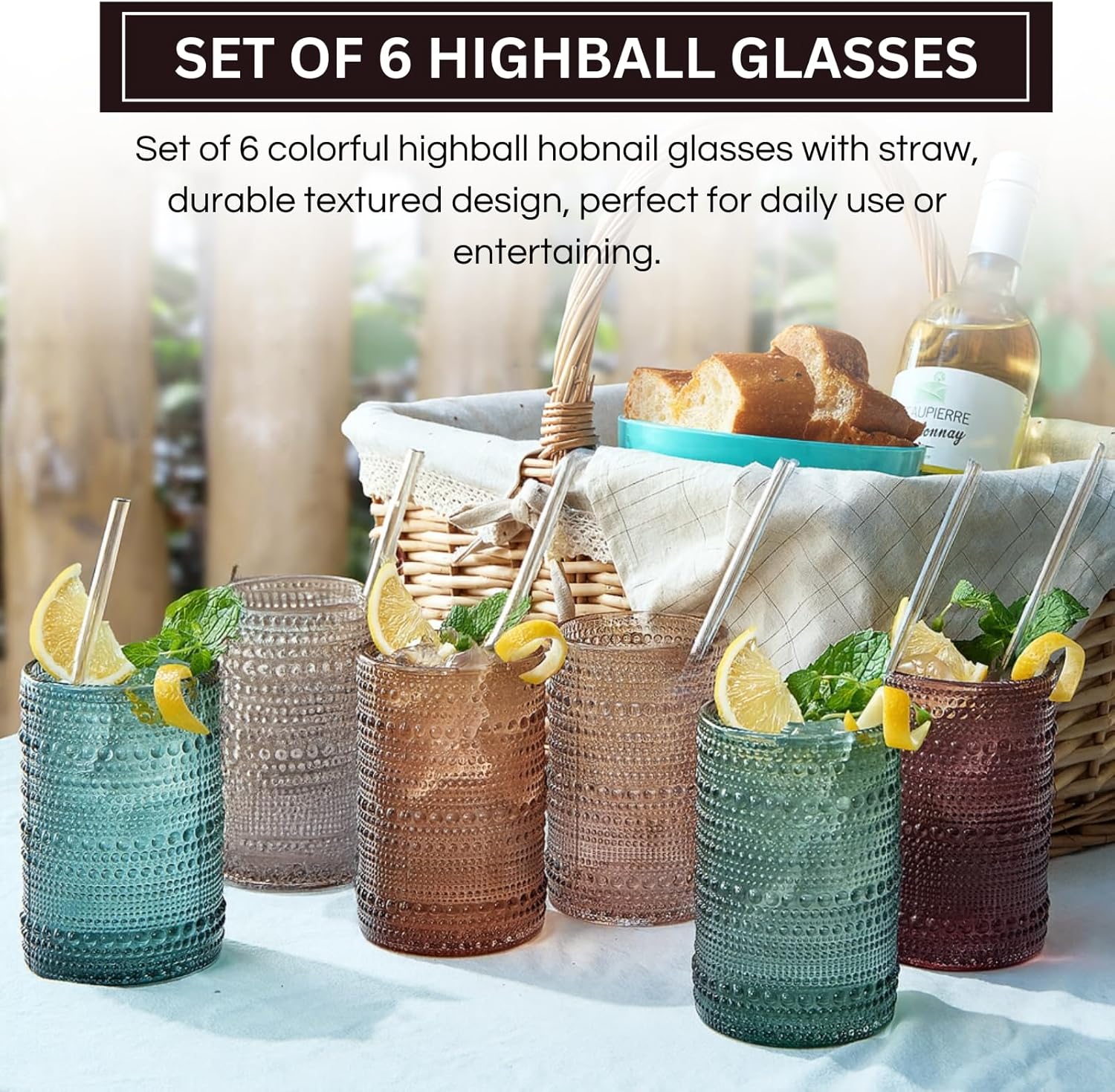 Khen Hobnail Drinking Glasses & Straws, 6x Neutral Muted Colors 14oz Vintage Glassware Set of 6 Embossed Vintage Water Cups, Highball Glasses for Cocktail, Whiskey, Beer & Juice, Dishwasher Safe Gift