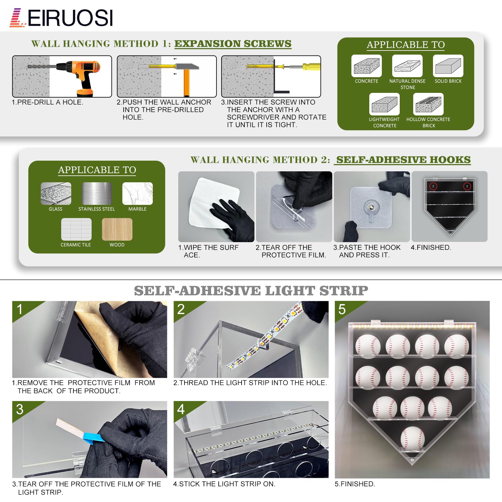 Vitrina acrílica para béisbol, caja de sombra montada en la pared para béisbol, pickleball, tenis, soporte extraíble, caja de exhibición de autógrafos de recuerdos para 12 bolas (negro)