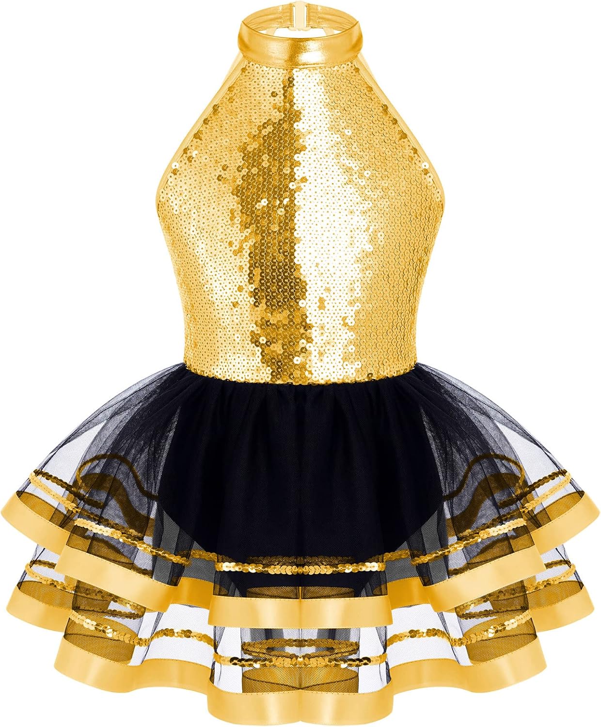 Kids Girls Sequins Halter Ballet Tutu Leotard Dress Shiny Latin Jazz Skating Dance Modern Contemporary Costume