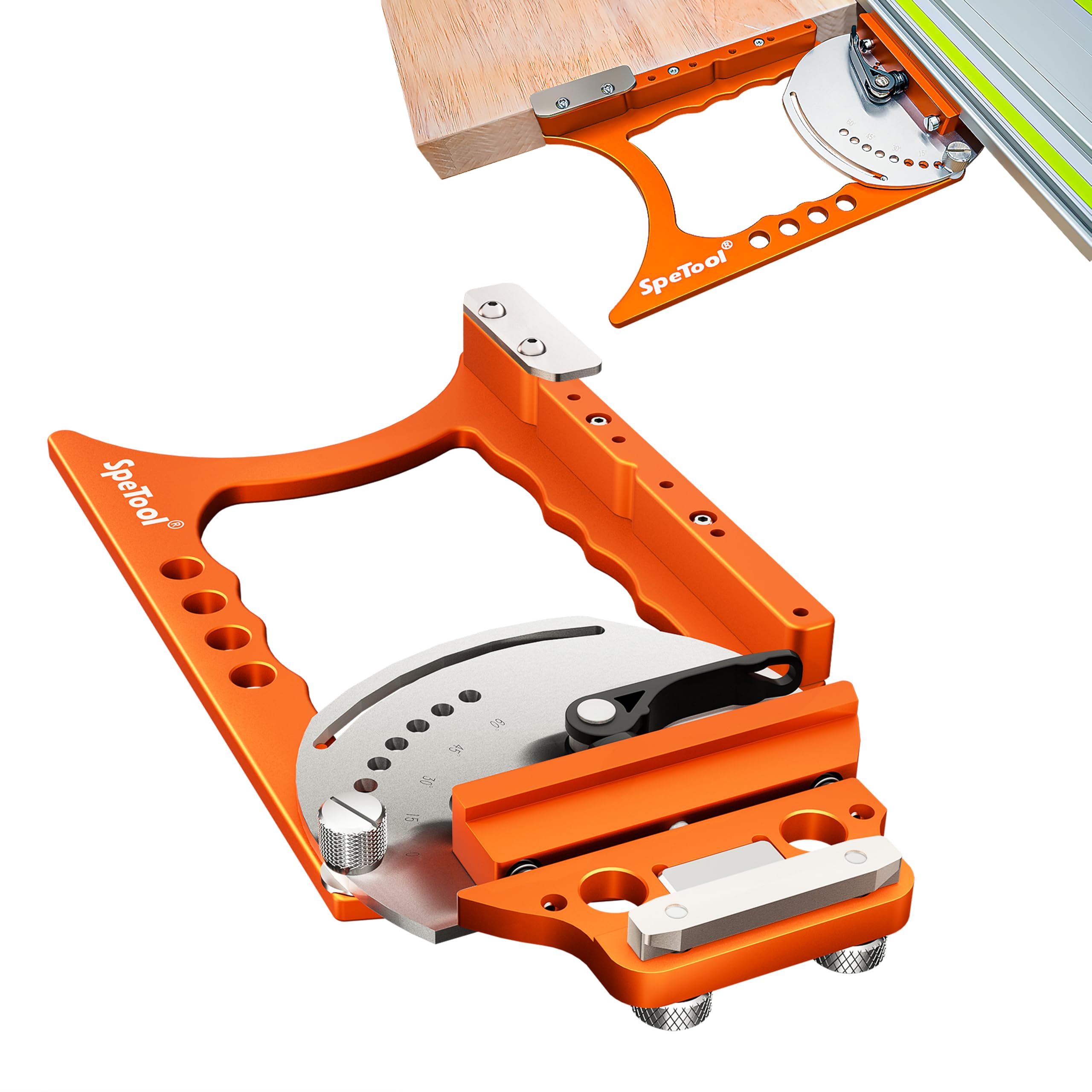 SpeTool Regulowany ogranicznik kątowy, kwadratowa szyna prowadząca, 9 kątów 0°-60°, szybki montaż, kompatybilna z Festool, Makita, Milwaukee, POWERTEC, WEN & Evolution