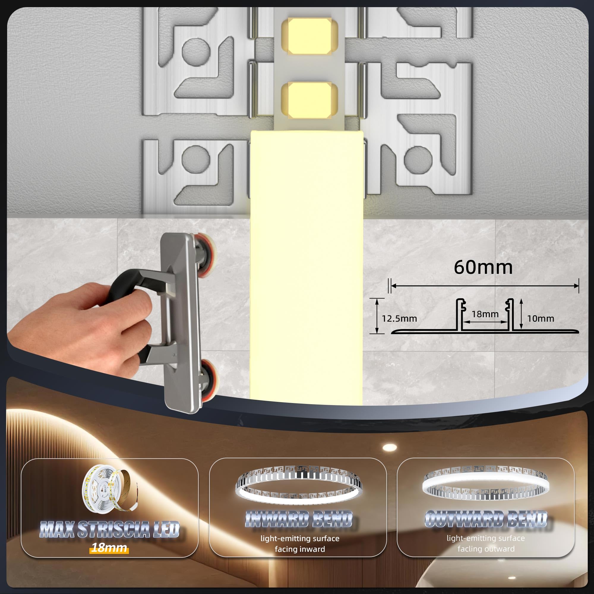 Profilo a LED flessibile, 2 m × 15 – Profilo flessibile in alluminio per cartongesso e piastrelle