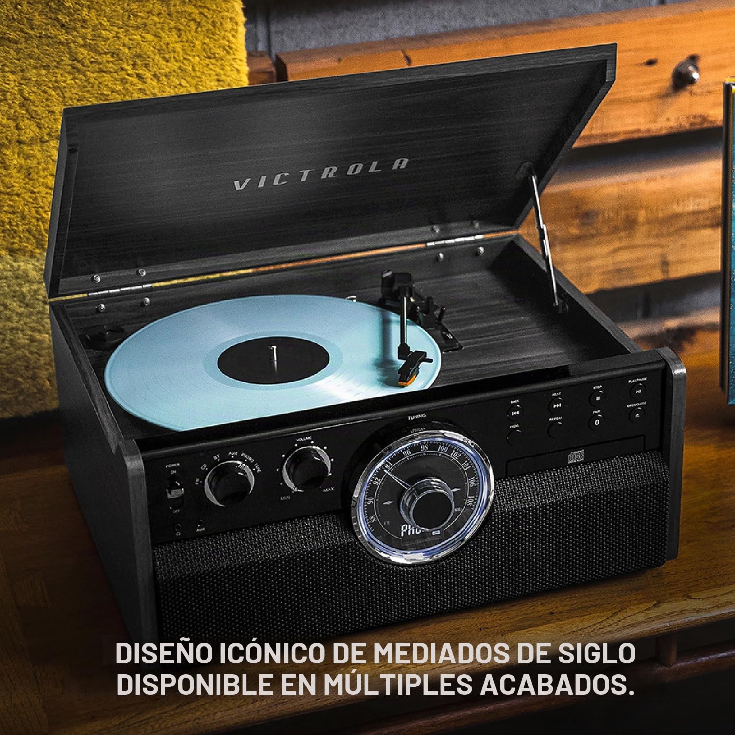 Victrola Empire – Tocadiscos Mid-Century 6 en 1 con Bluetooth, Radio, Casete, CD, Altavoces Integrados, Salida RCA y Entrada Auriculares (Nogal Farmhouse)