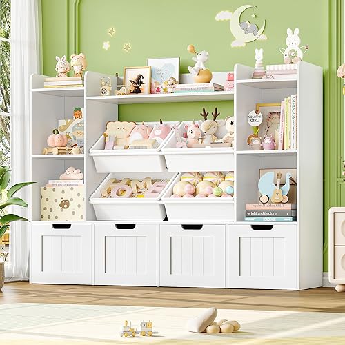 Organizador de almacenamiento de juguetes, organizador de juguetes con 4 cajones móviles y 4 cajas de caja, organización de almacenamiento para sala