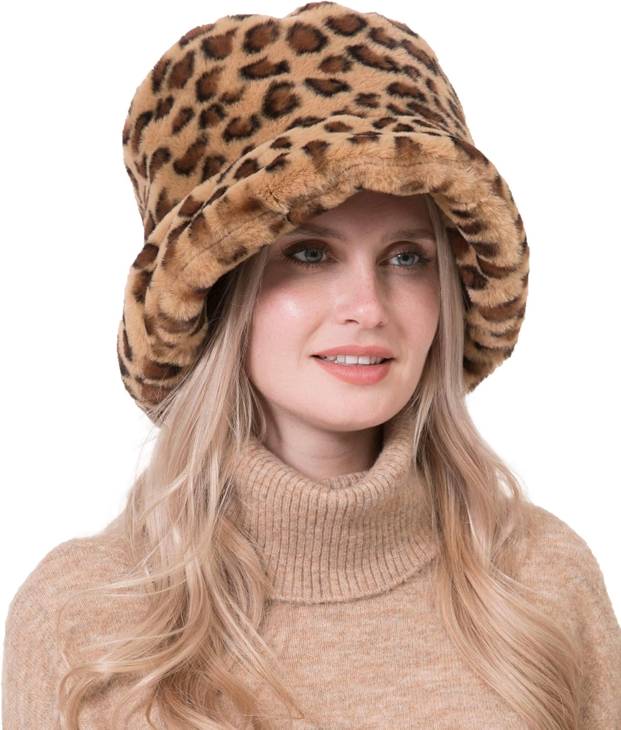 Women's Faux Fur Cow Bucket Hats Ladie's Unique Camouflage Printed Fisherman Cap