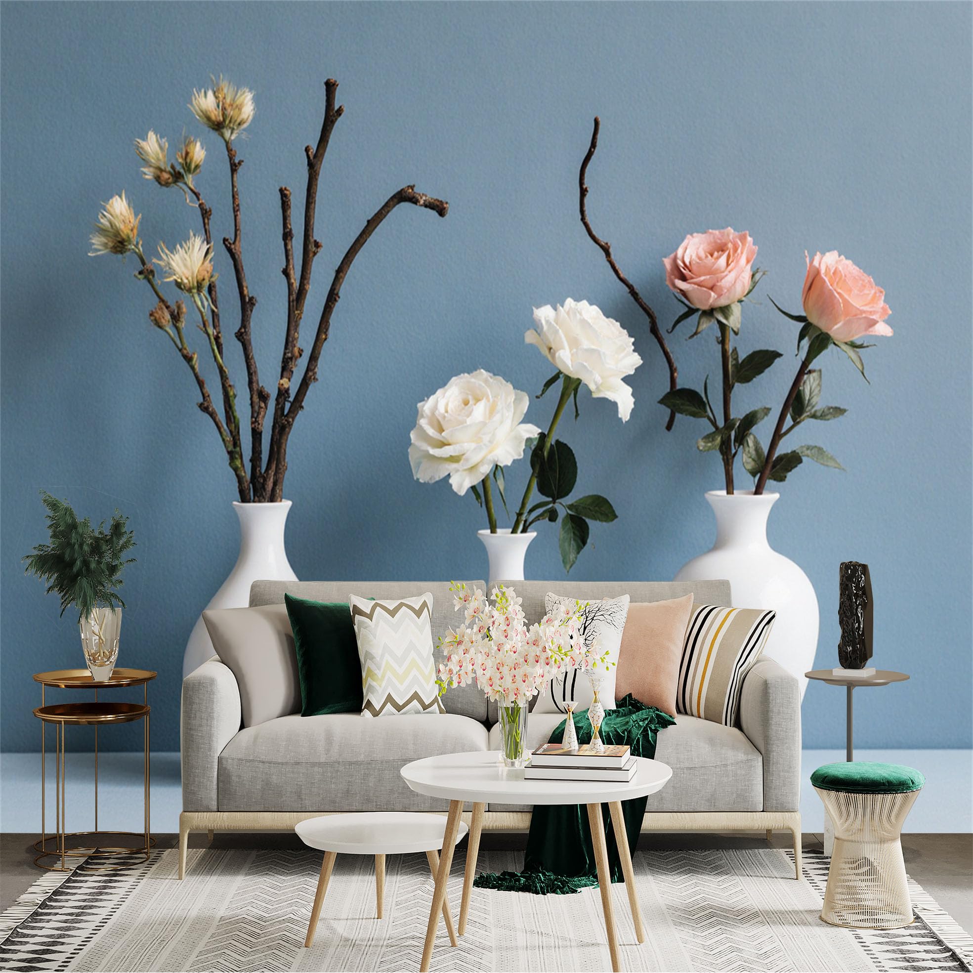 Custom Size Wall Sticker Mural， Elegant White Vases with Pastel Roses and Dried Branches， Minimalist Botanical Home Decor， for wall Decoration， peelandstick wall Decals.