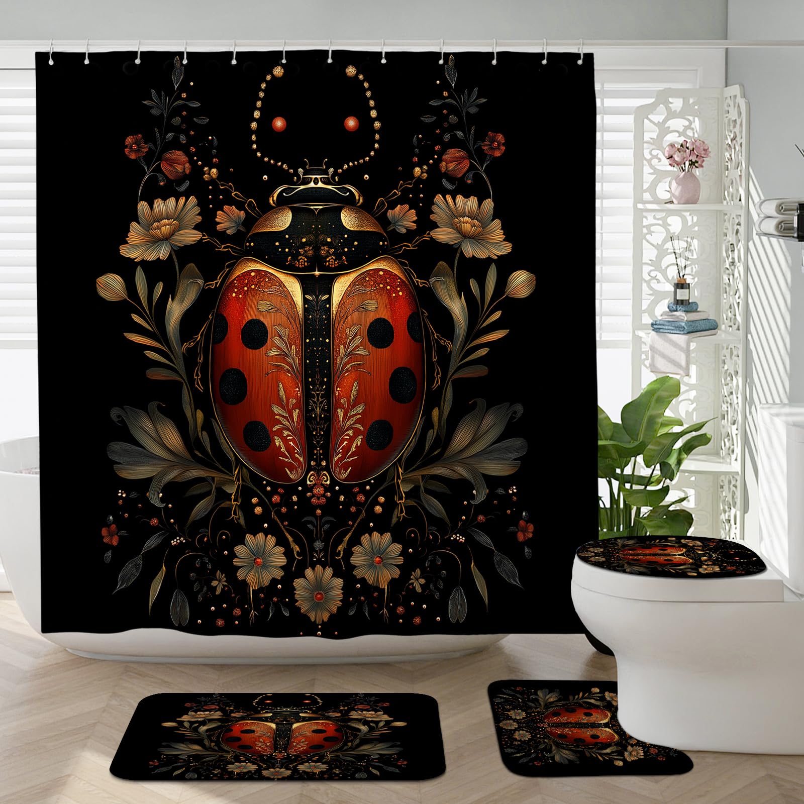 4PCS Aesthetic Retro Ladybug Bathroom Accessory Sets with Non-Slip Rug, U Shape and Toilet Lid Cover Mat, Vintage Flowers Insect Bathroom Fabric Decor-72''x72''