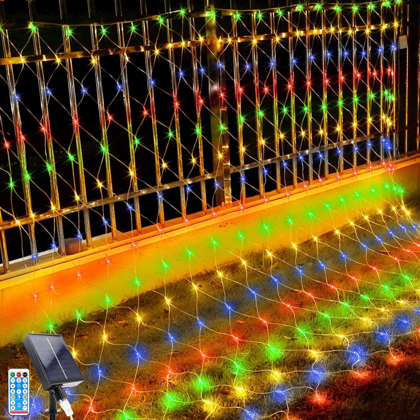 Luces Navidad Exterior, 1.5x1.5m Regulables Luz de Red, 96 LEDs 8 Modos Impermeables Luces Navidad con Control Remoto Temporizador para Balcón, Árbol de Navidad, Arbustos (1.5*1.5M, Colorido)