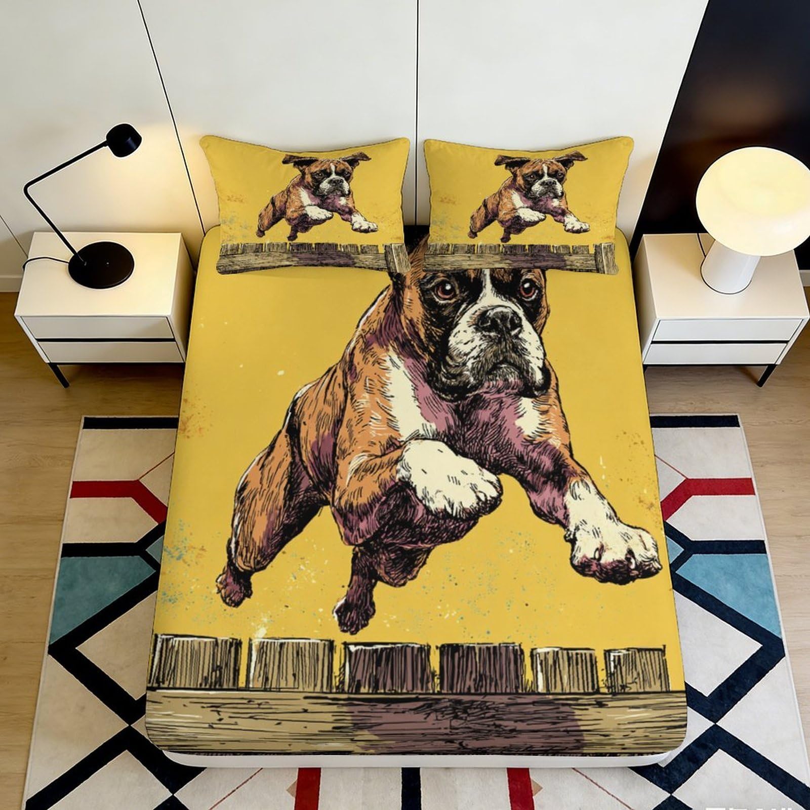 Jqzkxnhpbr Style-8 3D Printed Brown Boxer Dog Fitted Sheet Microfiber Soft Yellow Cartoon Mattress Cover For Bedroom Guest Room Decor 90X200x25cm