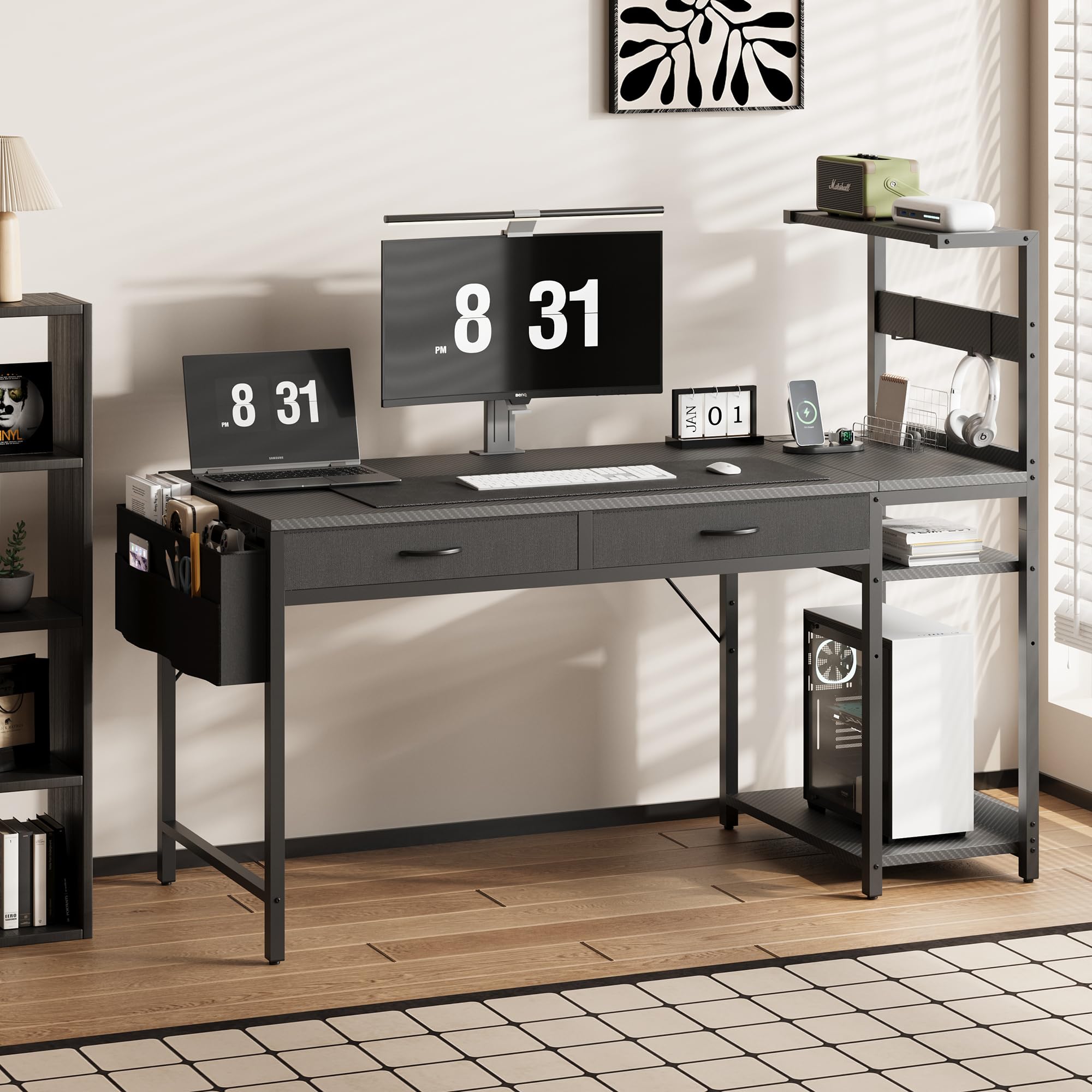 YOUDENOVA Scrivania Gaming Reversibile con LED e Multipresa, Scrivania per Computer 120 cm Compatta con 2 Cassetti, Mensola Regolabile, Tavolo PC per Piccole Camere e Uffici Domestici Nero