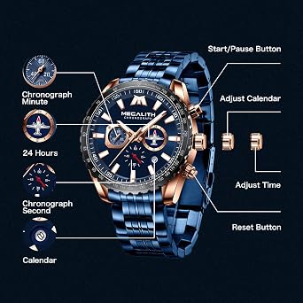 MEGALITH watches men stainless steel chronograph wristwatch men large with date - waterproof quartz watch for men gift